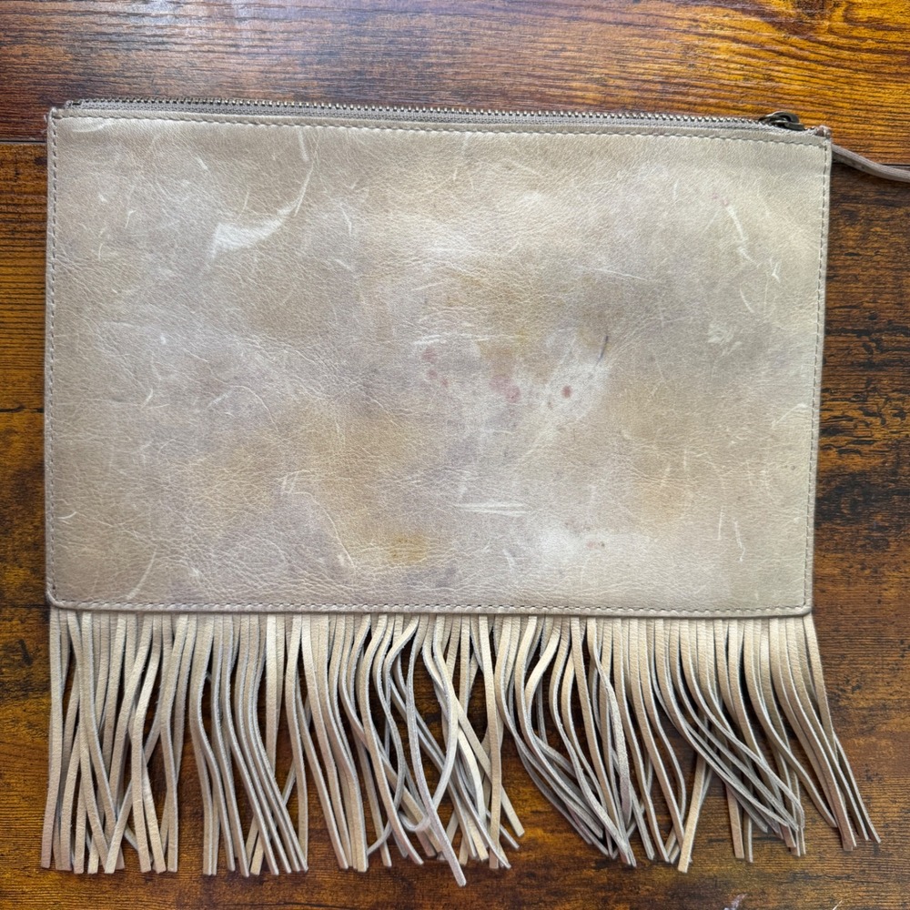 Madewell Boho Leather Fringe‎ Zip Clutch Bag Tan Western Cowgirl Earthy Granola